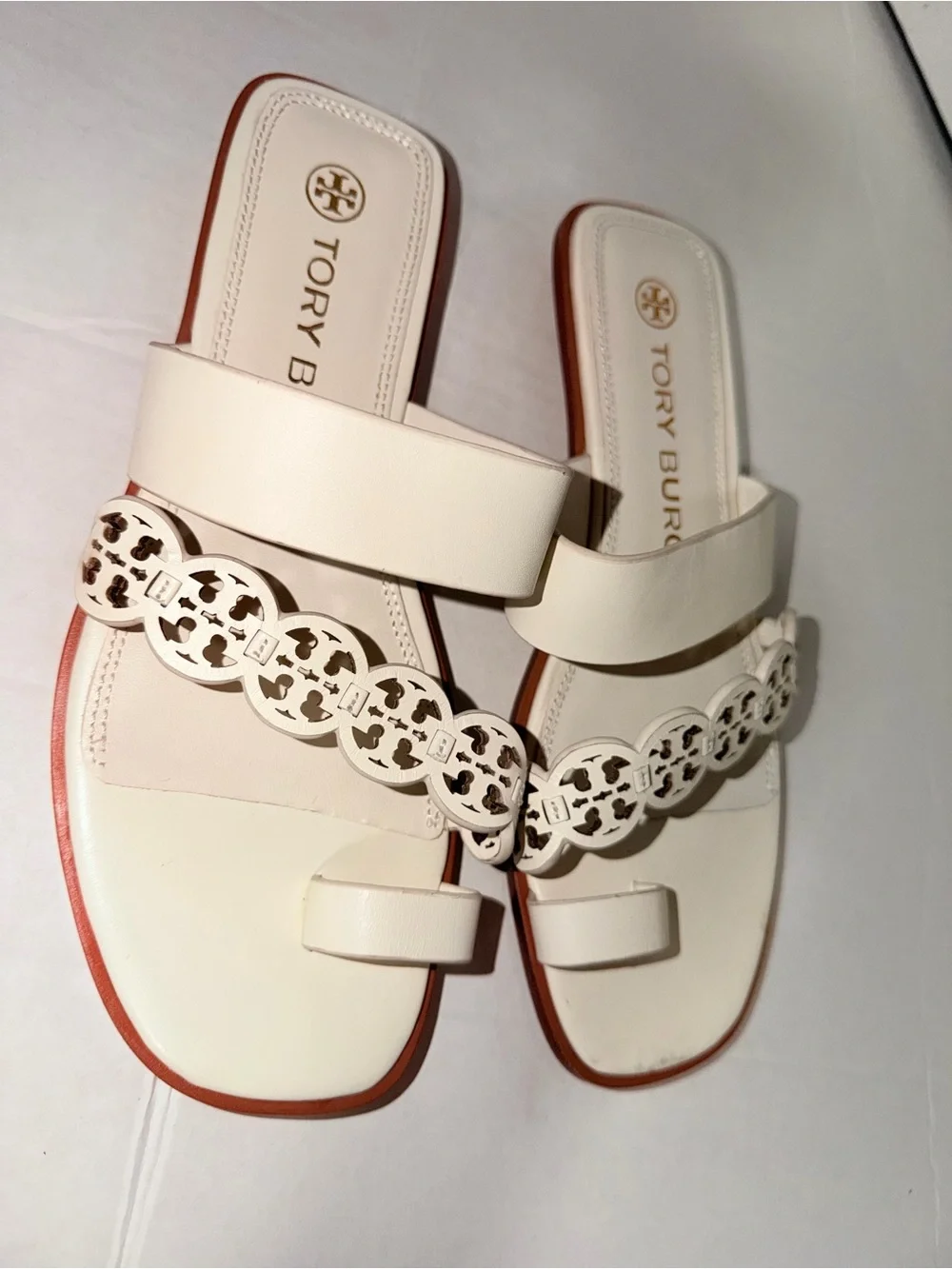Tory Burch Cream White Miller Logo Chain Slide Sandals